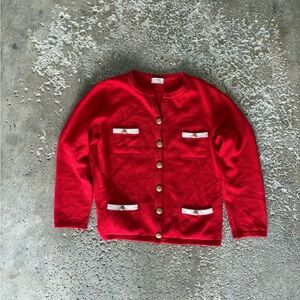 Red Cardigan Sweater with Gold Buttons